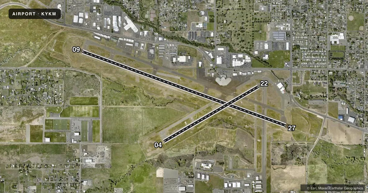 Top-down satellite sketch of KYKM YAKIMA AIR TRML/MCALLISTER FLD in YAKIMA, WASHINGTON, showing runways 09/27, 04/22 drawn to scale over Esri World Imagery