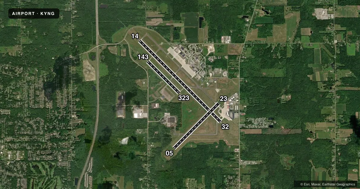Top-down satellite sketch of KYNG YOUNGSTOWN/WARREN RGNL in YOUNGSTOWN/WARREN, OHIO, showing runways 14/32, 05/23, 143/323 drawn to scale over Esri World Imagery