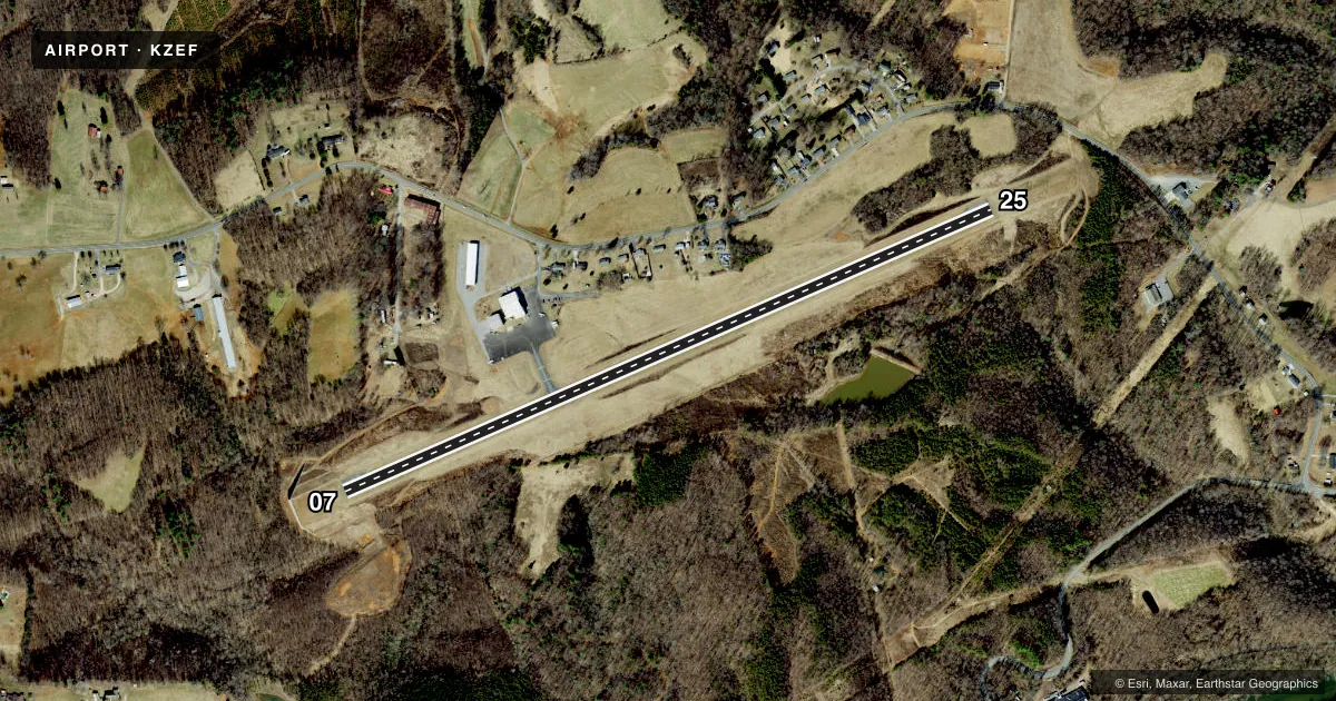 Top-down satellite sketch of KZEF ELKIN MUNI in ELKIN, NORTH CAROLINA, showing runways 07/25 drawn to scale over Esri World Imagery