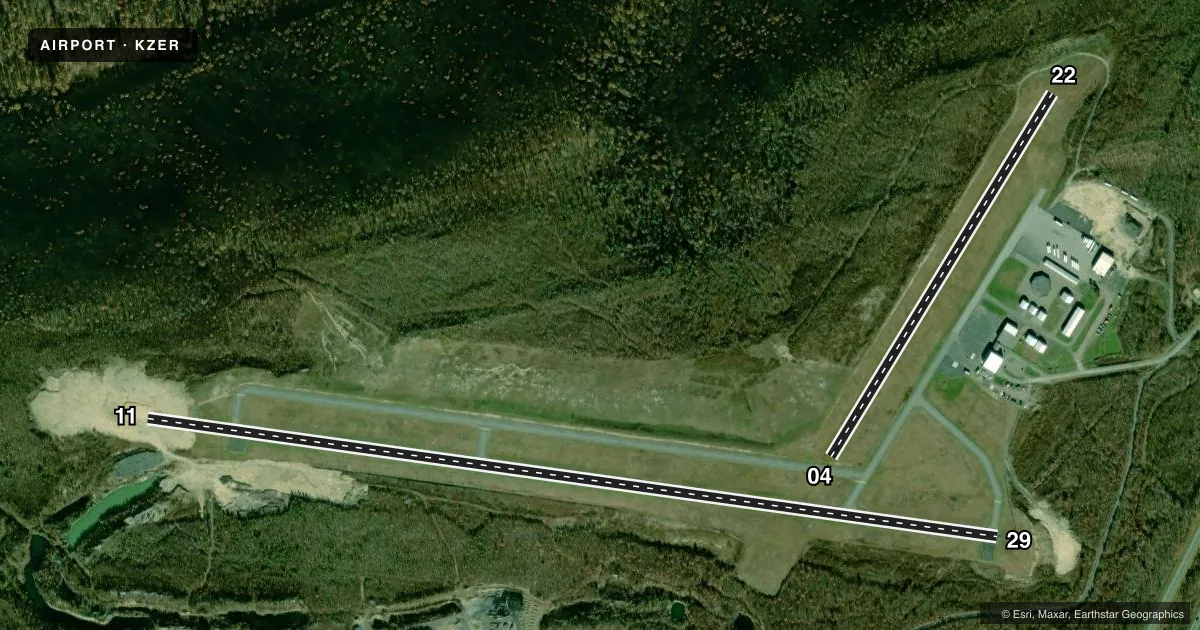 Top-down satellite sketch of KZER SCHUYLKILL COUNTY/JOE ZERBEY in POTTSVILLE, PENNSYLVANIA, showing runways 11/29, 04/22 drawn to scale over Esri World Imagery
