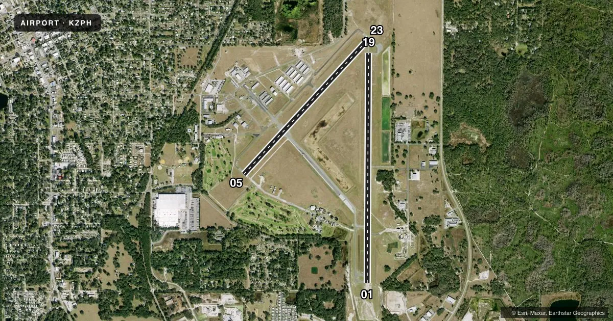 Top-down satellite sketch of KZPH ZEPHYRHILLS MUNI in ZEPHYRHILLS, FLORIDA, showing runways 01/19, 05/23 drawn to scale over Esri World Imagery