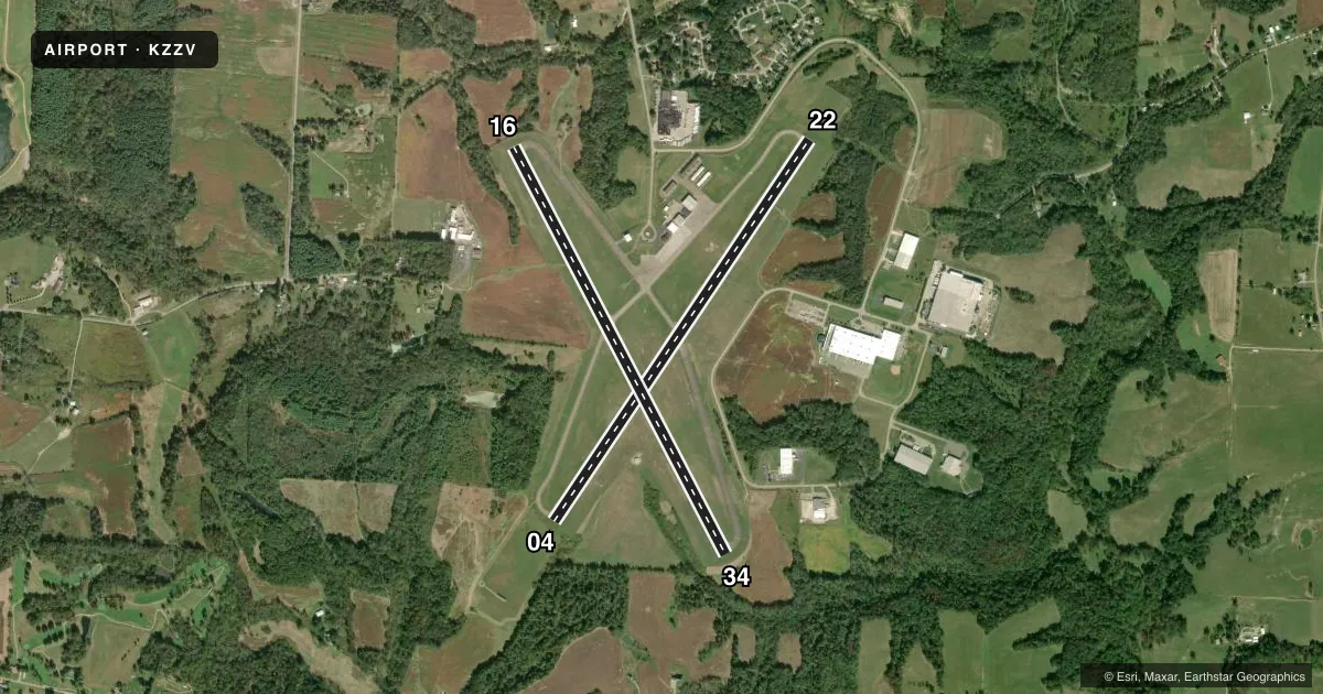 Top-down satellite sketch of KZZV ZANESVILLE MUNI in ZANESVILLE, OHIO, showing runways 04/22, 16/34 drawn to scale over Esri World Imagery