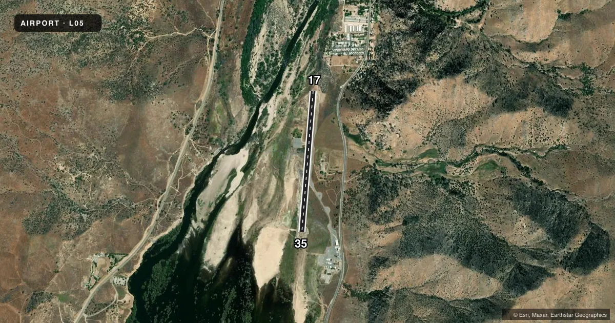 Top-down satellite sketch of L05 KERN VALLEY in KERNVILLE, CALIFORNIA, showing runways 17/35 drawn to scale over Esri World Imagery