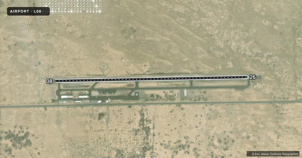 Top-down satellite sketch of L08 BORREGO VALLEY in BORREGO SPRINGS, CALIFORNIA, showing runways 08/26 drawn to scale over Esri World Imagery