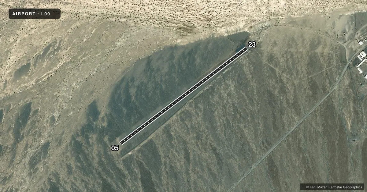 Top-down satellite sketch of L09 STOVEPIPE WELLS in DEATH VALLEY NATIONAL PARK, CALIFORNIA, showing runways 05/23 drawn to scale over Esri World Imagery