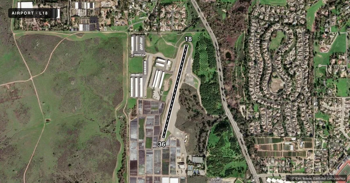 Top-down satellite sketch of L18 FALLBROOK COMMUNITY AIRPARK in FALLBROOK, CALIFORNIA, showing runways 18/36 drawn to scale over Esri World Imagery