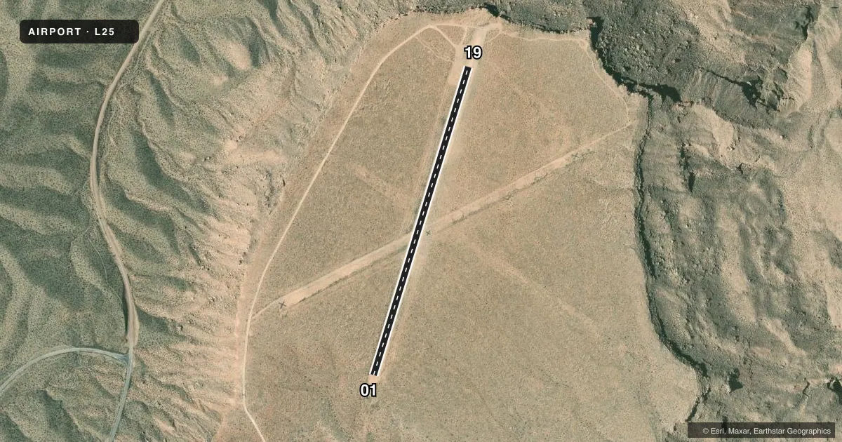 Top-down satellite sketch of L25 PEARCE FERRY in MEADVIEW, ARIZONA, showing runways 01/19 drawn to scale over Esri World Imagery