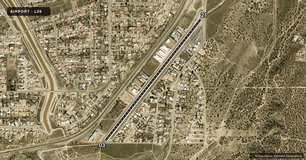 Top-down satellite sketch of L26 HESPERIA in HESPERIA, CALIFORNIA, showing runways 03/21 drawn to scale over Esri World Imagery