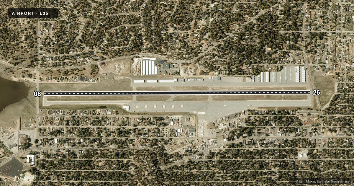 Top-down satellite sketch of L35 BIG BEAR CITY in BIG BEAR CITY, CALIFORNIA, showing runways 08/26 drawn to scale over Esri World Imagery