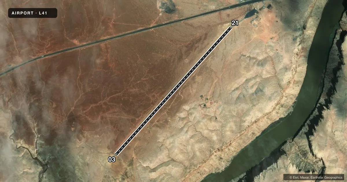 Top-down satellite sketch of L41 MARBLE CANYON in MARBLE CANYON, ARIZONA, showing runways 03/21 drawn to scale over Esri World Imagery