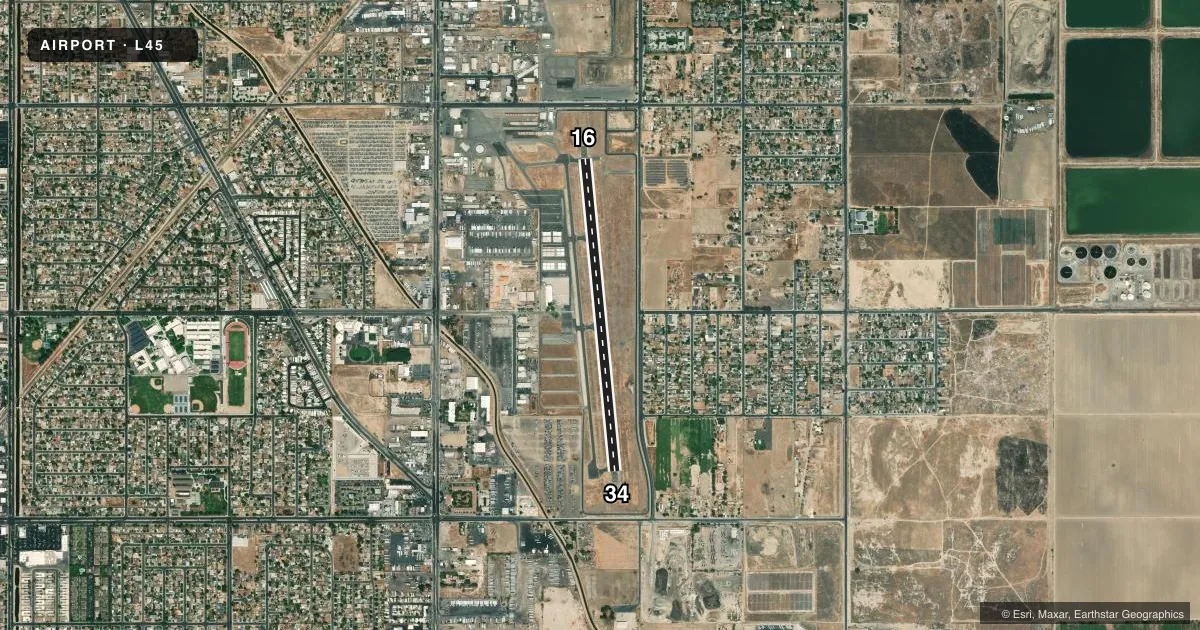 Top-down satellite sketch of L45 BAKERSFIELD MUNI in BAKERSFIELD, CALIFORNIA, showing runways 16/34 drawn to scale over Esri World Imagery