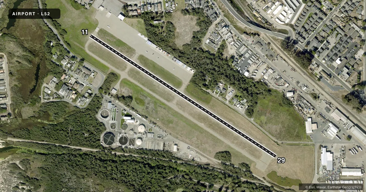 Top-down satellite sketch of L52 OCEANO COUNTY in OCEANO, CALIFORNIA, showing runways 11/29 drawn to scale over Esri World Imagery