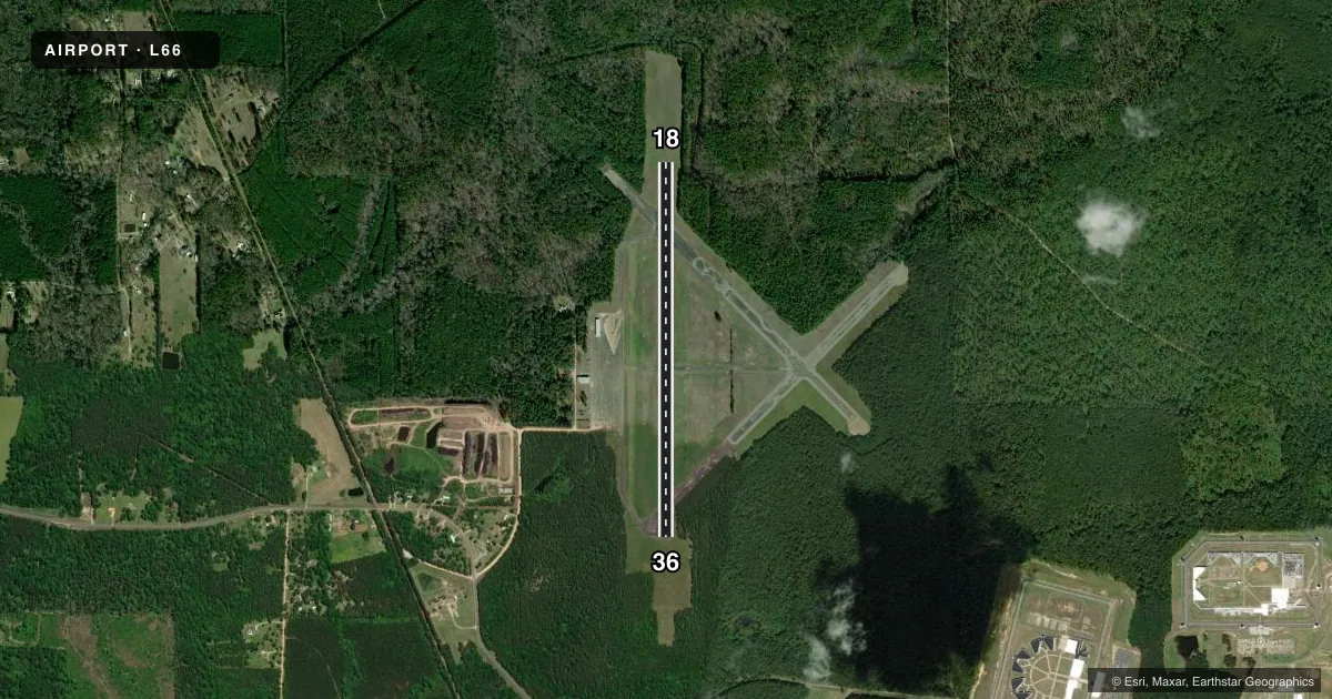 Top-down satellite sketch of L66 POLLOCK MUNI in POLLOCK, LOUISIANA, showing runways 18/36 drawn to scale over Esri World Imagery