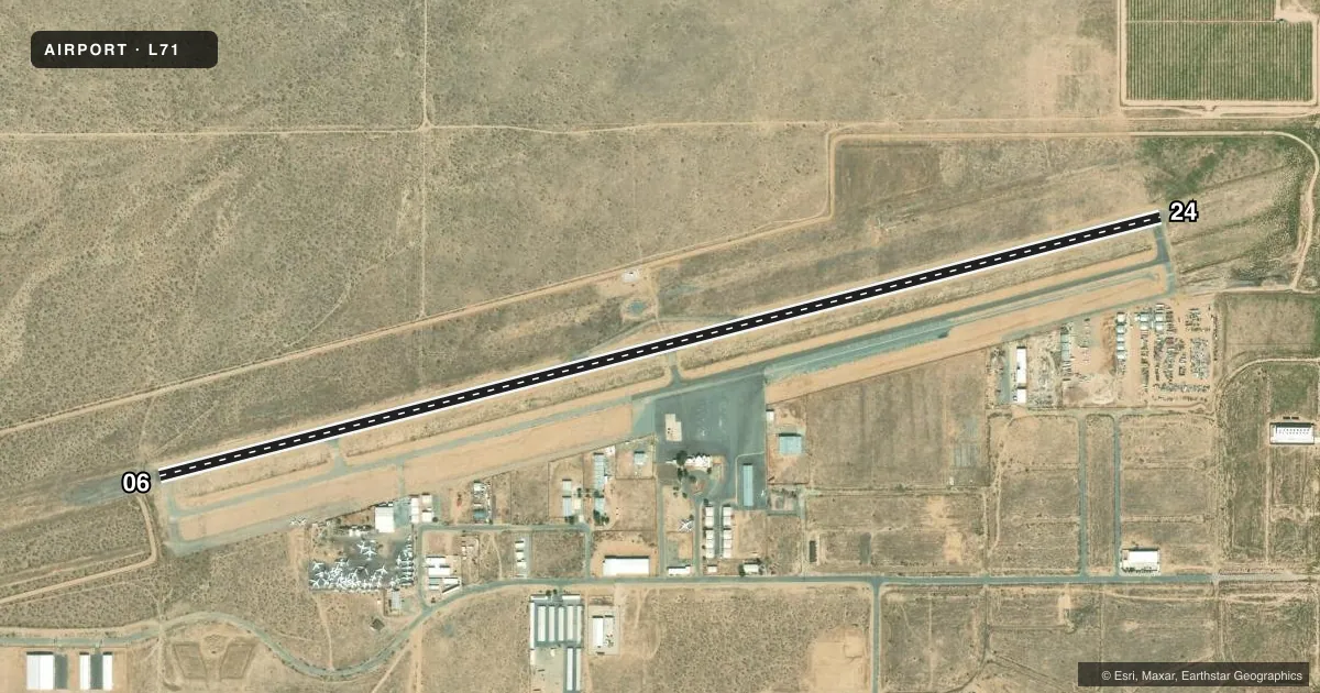 Top-down satellite sketch of L71 CALIFORNIA CITY MUNI in CALIFORNIA CITY, CALIFORNIA, showing runways 06/24 drawn to scale over Esri World Imagery