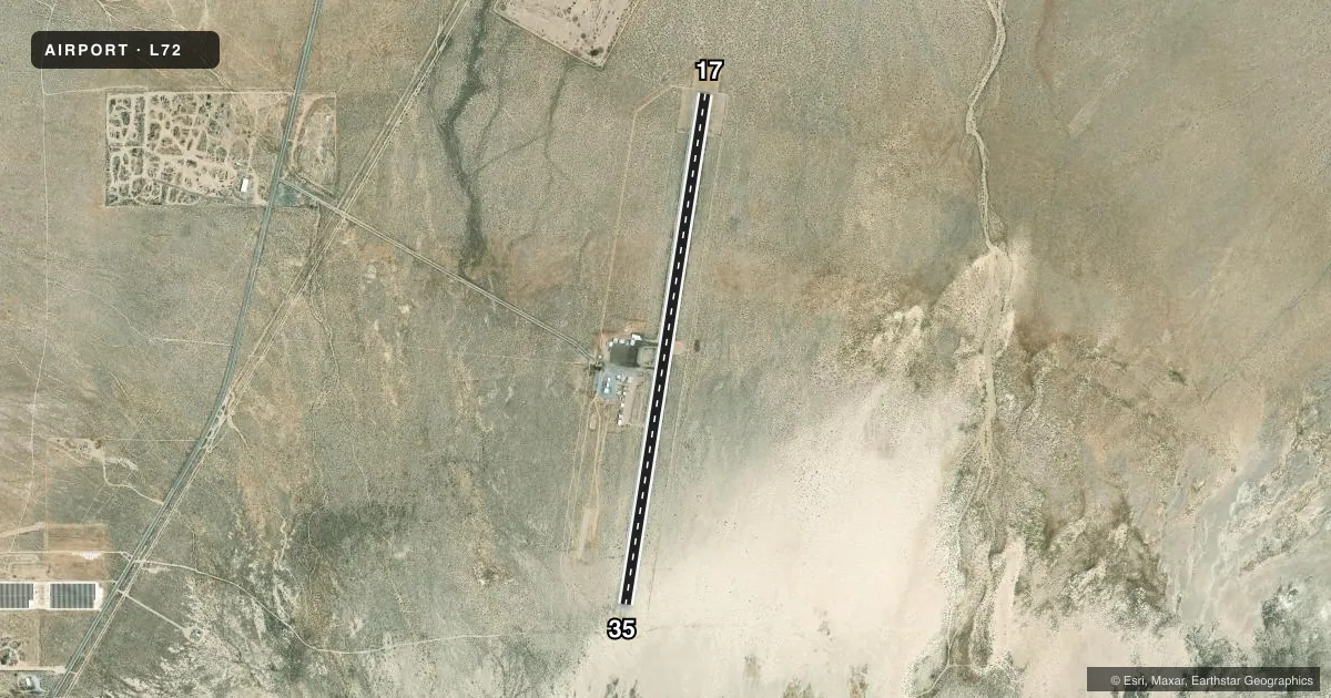 Top-down satellite sketch of L72 TRONA in TRONA, CALIFORNIA, showing runways 17/35 drawn to scale over Esri World Imagery