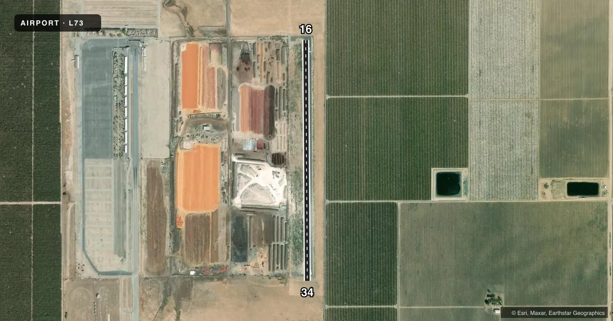 Top-down satellite sketch of L73 POSO-KERN COUNTY in FAMOSO, CALIFORNIA, showing runways 16/34 drawn to scale over Esri World Imagery