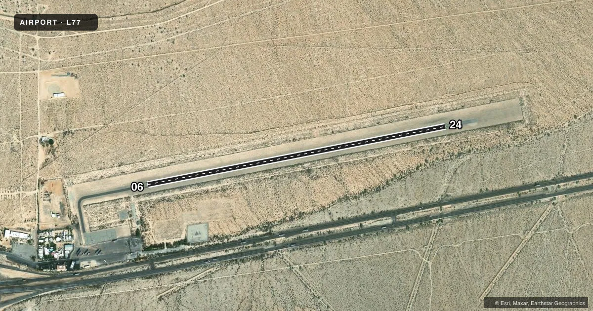 Top-down satellite sketch of L77 CHIRIACO SUMMIT in CHIRIACO SUMMIT, CALIFORNIA, showing runways 06/24 drawn to scale over Esri World Imagery