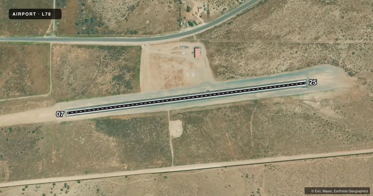Top-down satellite sketch of L78 JACUMBA in JACUMBA, CALIFORNIA, showing runways 07/25 drawn to scale over Esri World Imagery