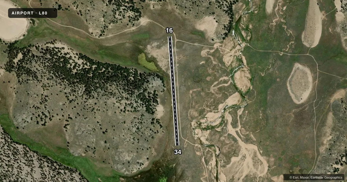 Top-down satellite sketch of L80 MONACHE MEADOWS in LONE PINE, CALIFORNIA, showing runways 16/34 drawn to scale over Esri World Imagery