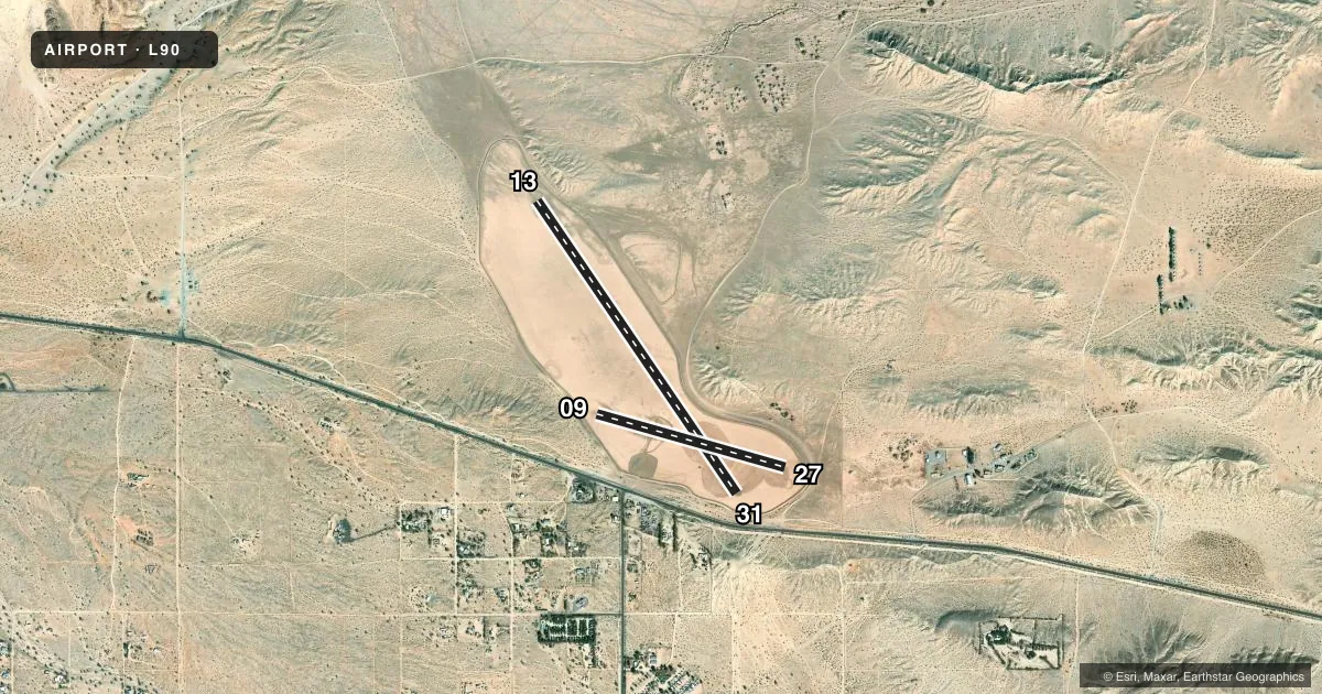 Top-down satellite sketch of L90 OCOTILLO in OCOTILLO WELLS, CALIFORNIA, showing runways 13/31, 09/27 drawn to scale over Esri World Imagery