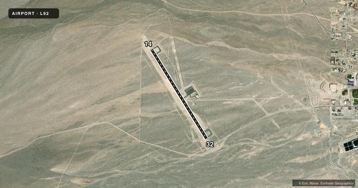 Top-down satellite sketch of L92 ALAMO LANDING FLD in ALAMO, NEVADA, showing runways 14/32 drawn to scale over Esri World Imagery