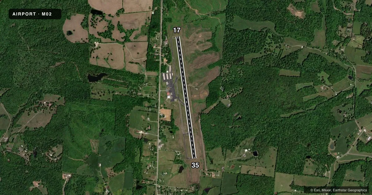 Top-down satellite sketch of M02 DICKSON MUNI in DICKSON, TENNESSEE, showing runways 17/35 drawn to scale over Esri World Imagery