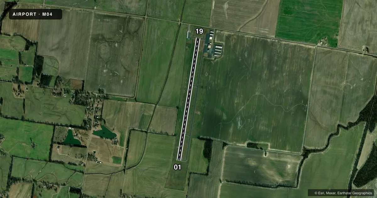 Top-down satellite sketch of M04 COVINGTON MUNI in COVINGTON, TENNESSEE, showing runways 01/19 drawn to scale over Esri World Imagery