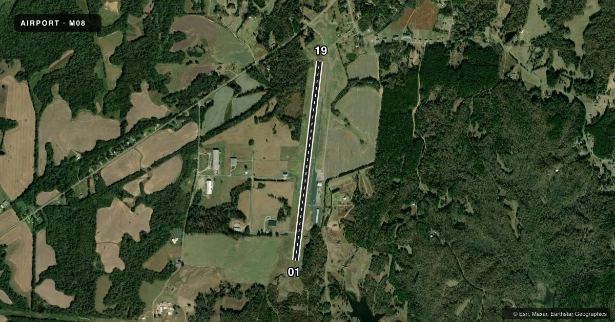 Top-down satellite sketch of M08 WILLIAM L WHITEHURST FLD in BOLIVAR, TENNESSEE, showing runways 01/19 drawn to scale over Esri World Imagery