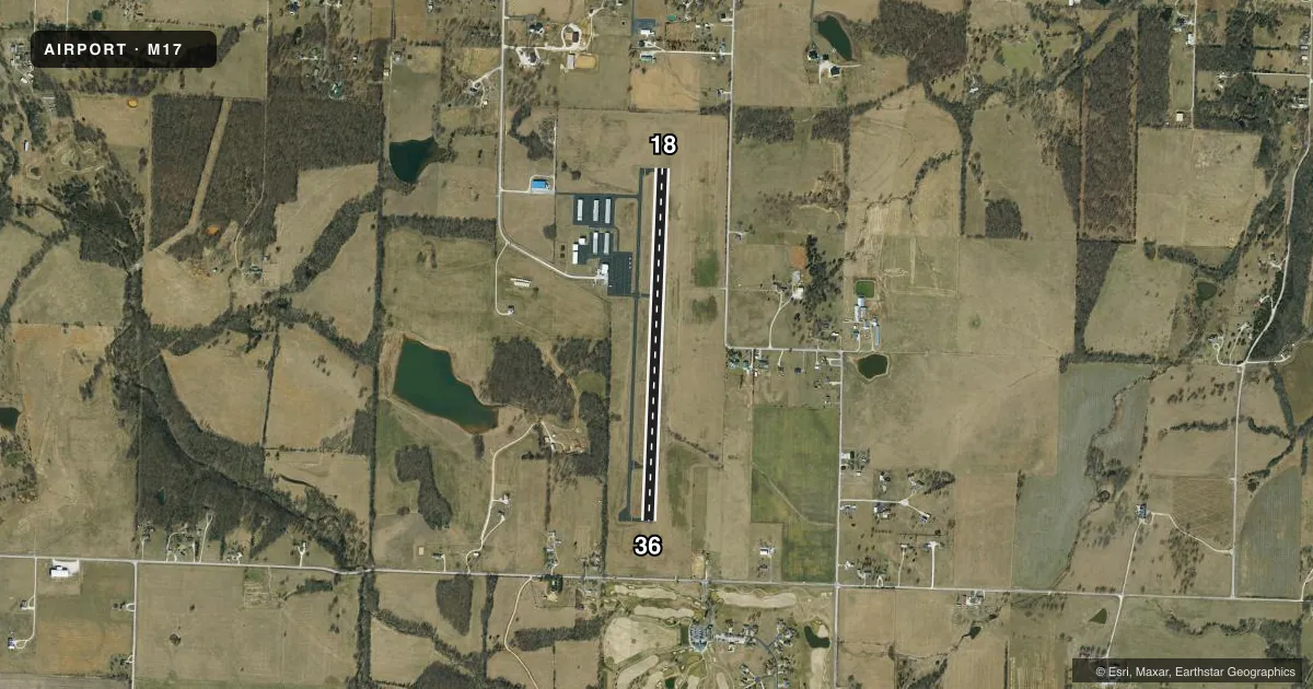 Top-down satellite sketch of M17 BOLIVAR MUNI in BOLIVAR, MISSOURI, showing runways 18/36 drawn to scale over Esri World Imagery