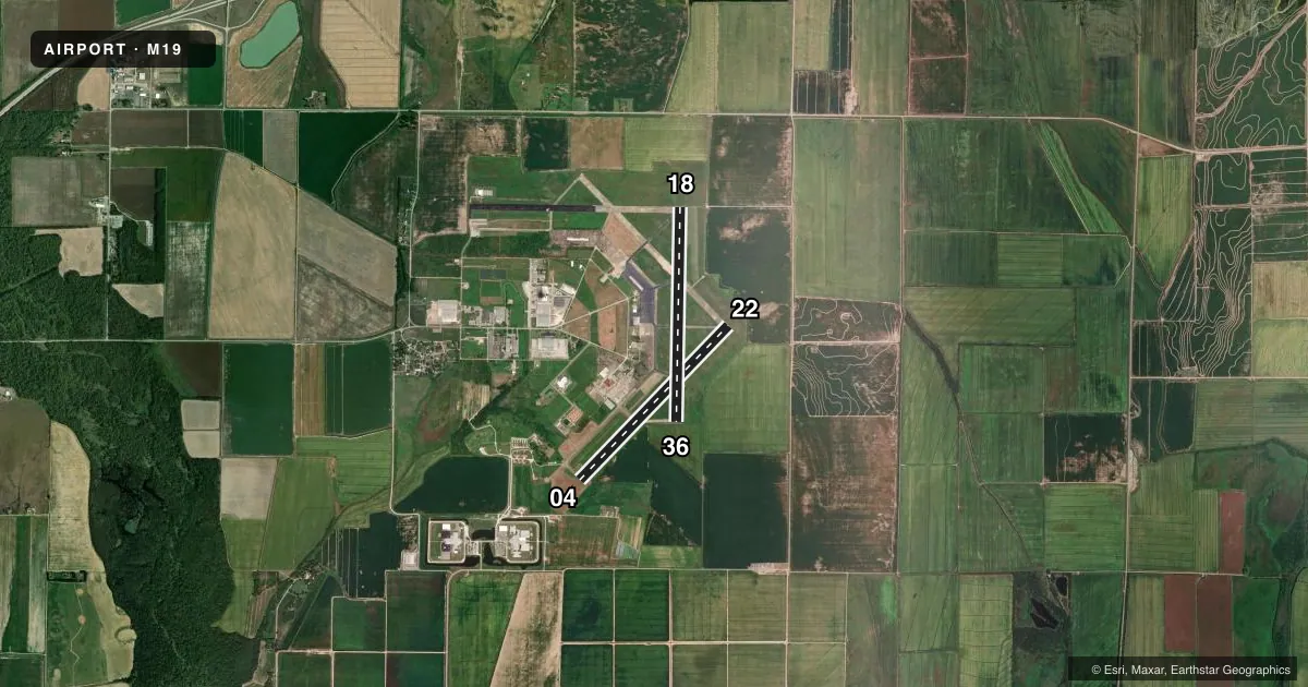 Top-down satellite sketch of M19 NEWPORT RGNL in NEWPORT, ARKANSAS, showing runways 04/22, 18/36 drawn to scale over Esri World Imagery