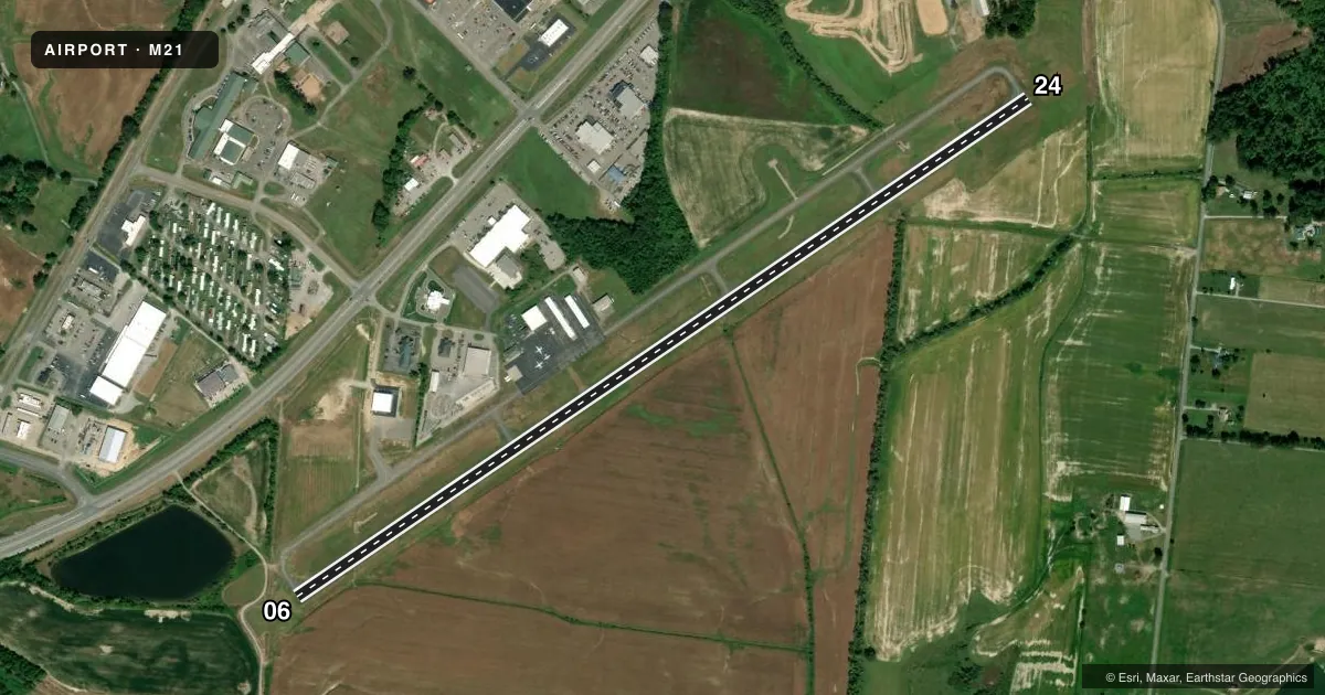 Top-down satellite sketch of M21 MUHLENBERG COUNTY in GREENVILLE, KENTUCKY, showing runways 06/24 drawn to scale over Esri World Imagery