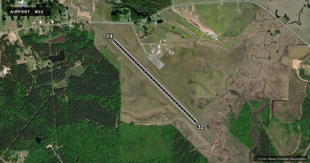 Top-down satellite sketch of M23 JAMES H EASOM FLD in NEWTON, MISSISSIPPI, showing runways 14/32 drawn to scale over Esri World Imagery