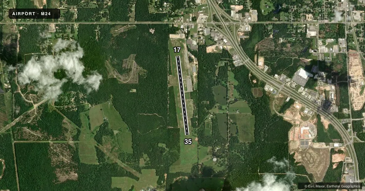 Top-down satellite sketch of M24 DEAN GRIFFIN MEML in WIGGINS, MISSISSIPPI, showing runways 17/35 drawn to scale over Esri World Imagery