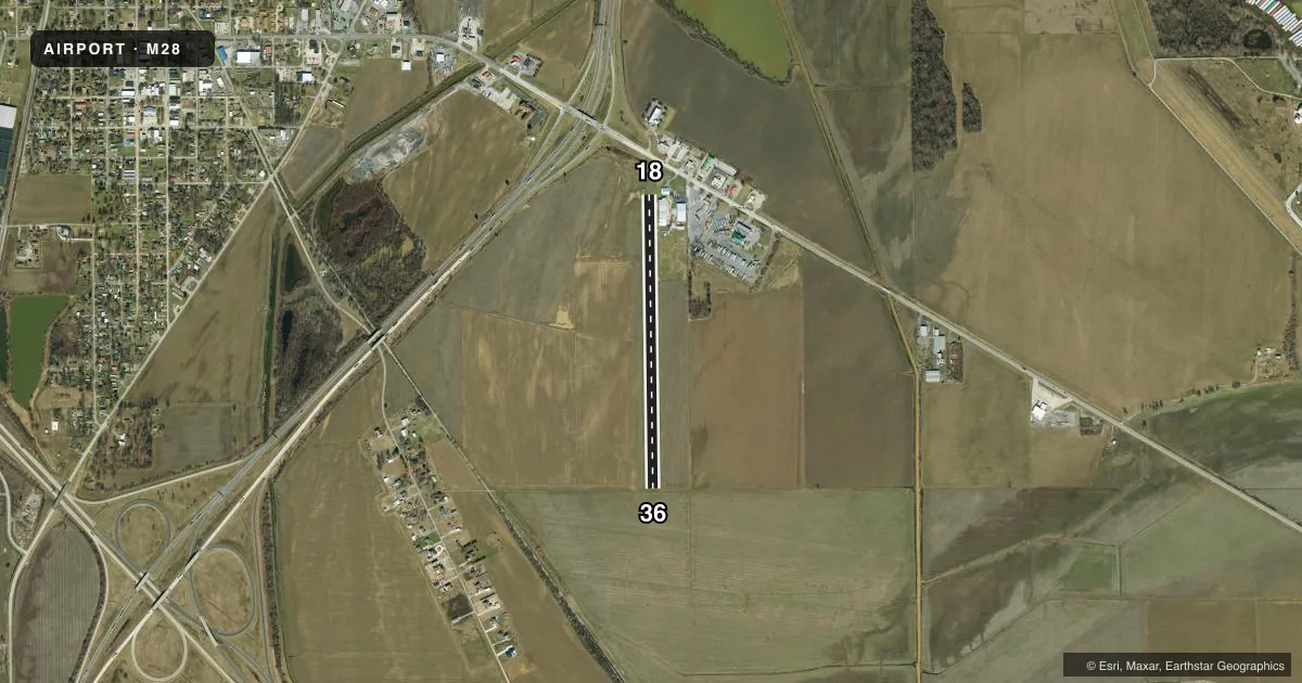 Top-down satellite sketch of M28 MID CONTINENT in HAYTI, MISSOURI, showing runways 18/36 drawn to scale over Esri World Imagery