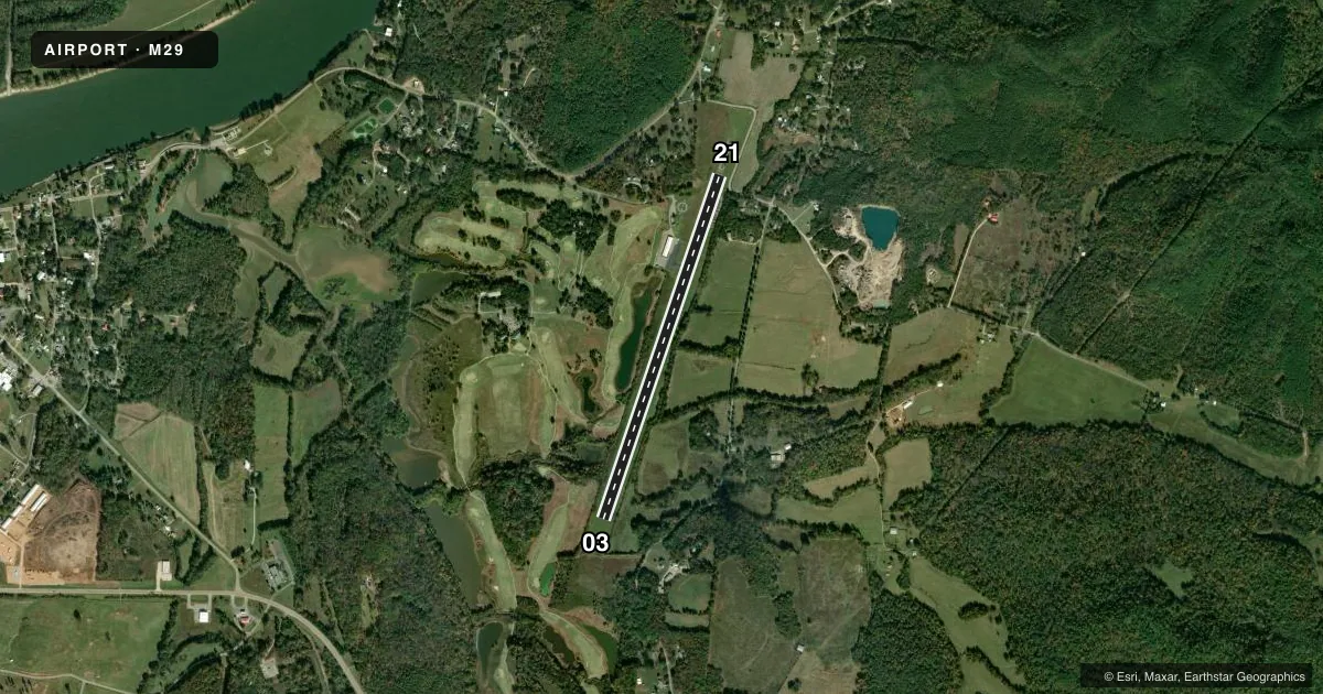 Top-down satellite sketch of M29 HASSELL FLD in CLIFTON, TENNESSEE, showing runways 03/21 drawn to scale over Esri World Imagery