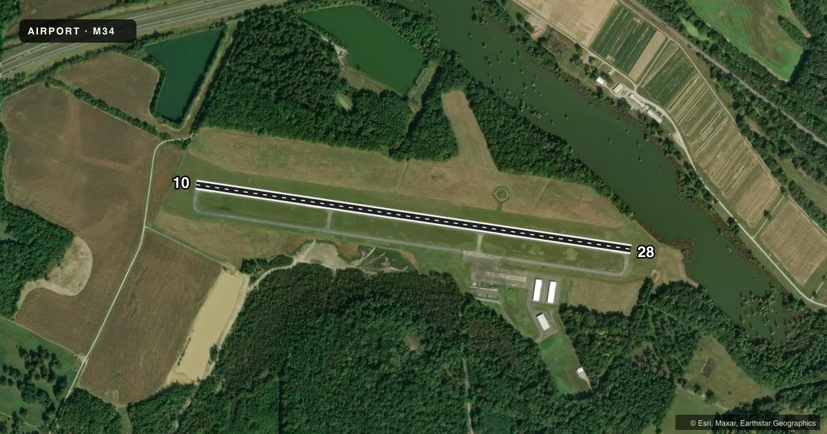 Top-down satellite sketch of M34 KENTUCKY DAM STATE PARK in CALVERT CITY, KENTUCKY, showing runways 10/28 drawn to scale over Esri World Imagery