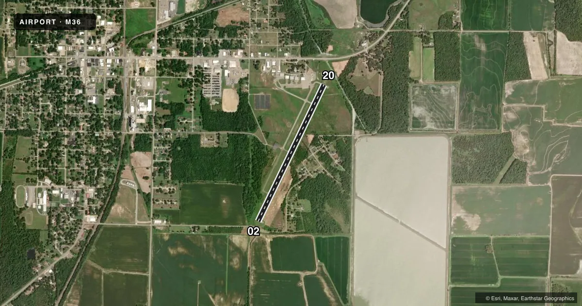 Top-down satellite sketch of M36 FRANK FEDERER MEML in BRINKLEY, ARKANSAS, showing runways 02/20 drawn to scale over Esri World Imagery