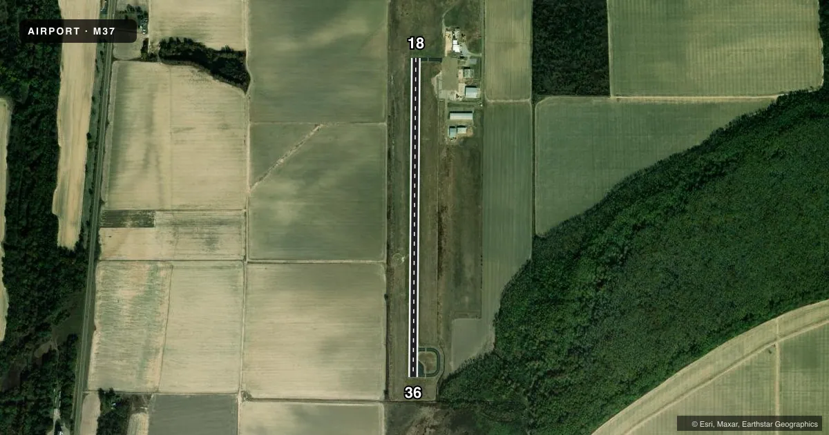Top-down satellite sketch of M37 RULEVILLE-DREW in DREW, MISSISSIPPI, showing runways 18/36 drawn to scale over Esri World Imagery