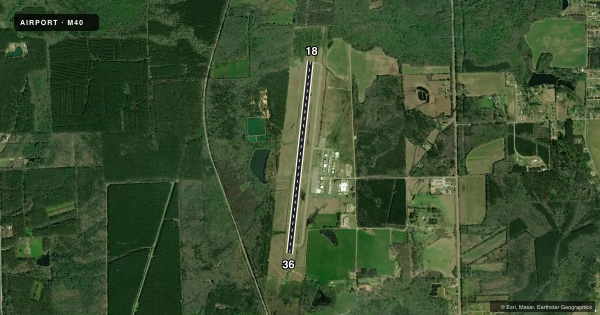 Top-down satellite sketch of M40 MONROE COUNTY in ABERDEEN/AMORY, MISSISSIPPI, showing runways 18/36 drawn to scale over Esri World Imagery