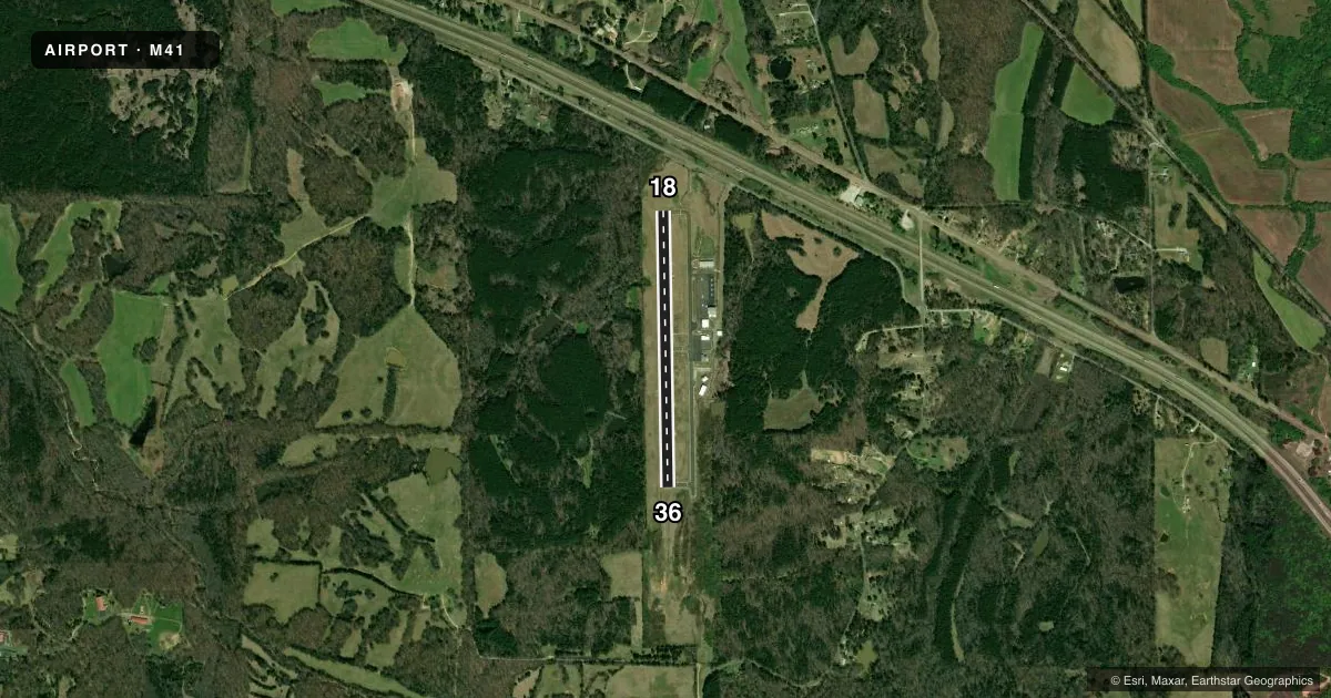 Top-down satellite sketch of M41 HOLLY SPRINGS-MARSHALL COUNTY in HOLLY SPRINGS, MISSISSIPPI, showing runways 18/36 drawn to scale over Esri World Imagery