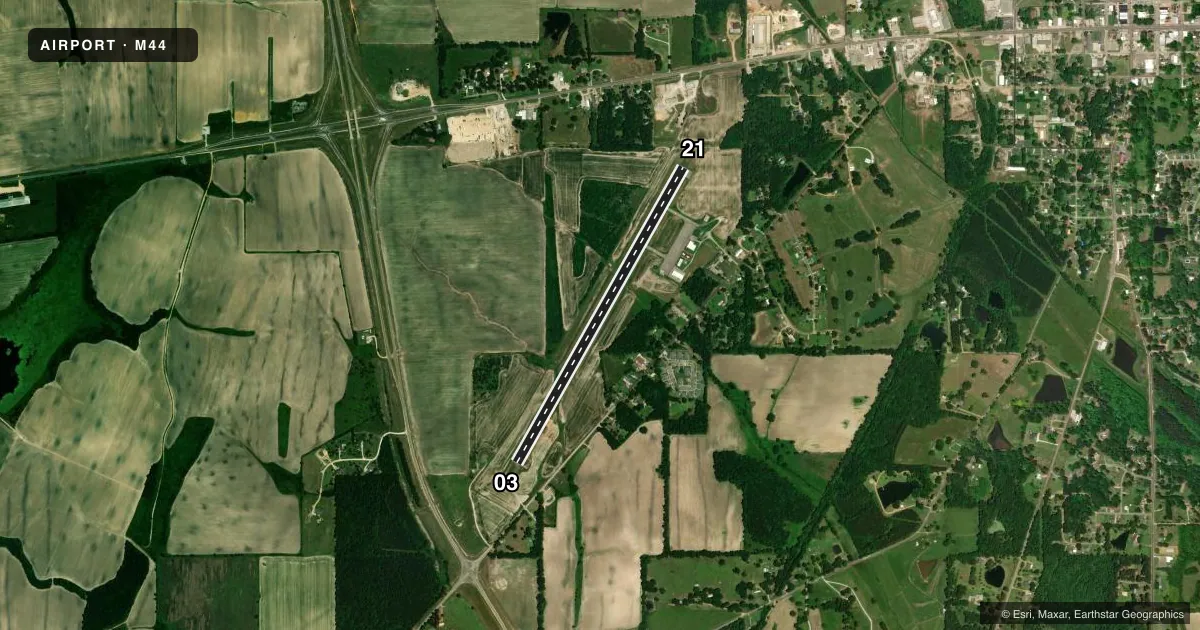 Top-down satellite sketch of M44 HOUSTON MUNI in HOUSTON, MISSISSIPPI, showing runways 03/21 drawn to scale over Esri World Imagery
