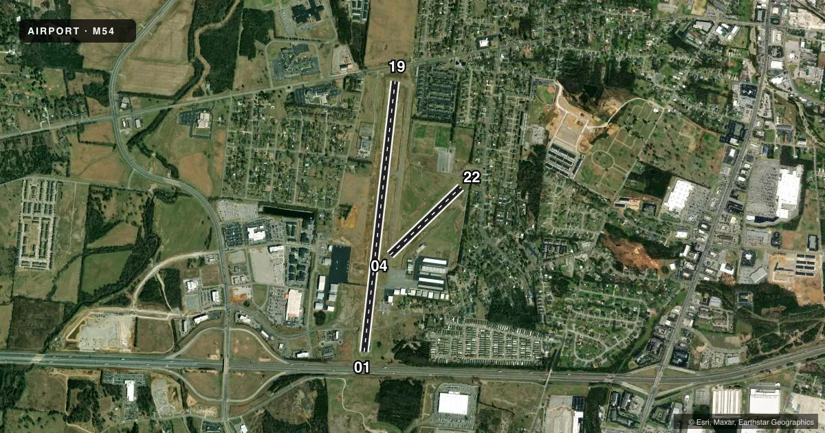 Top-down satellite sketch of M54 LEBANON MUNI in LEBANON, TENNESSEE, showing runways 01/19, 04/22 drawn to scale over Esri World Imagery