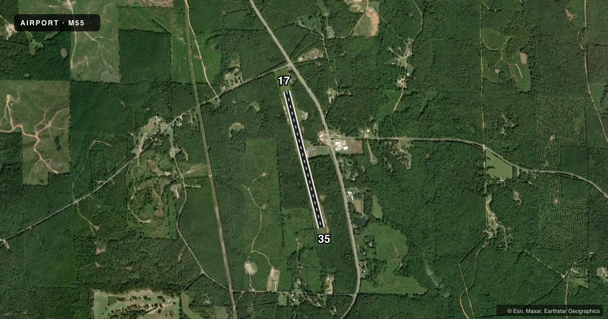 Top-down satellite sketch of M55 LAMAR COUNTY in VERNON, ALABAMA, showing runways 17/35 drawn to scale over Esri World Imagery