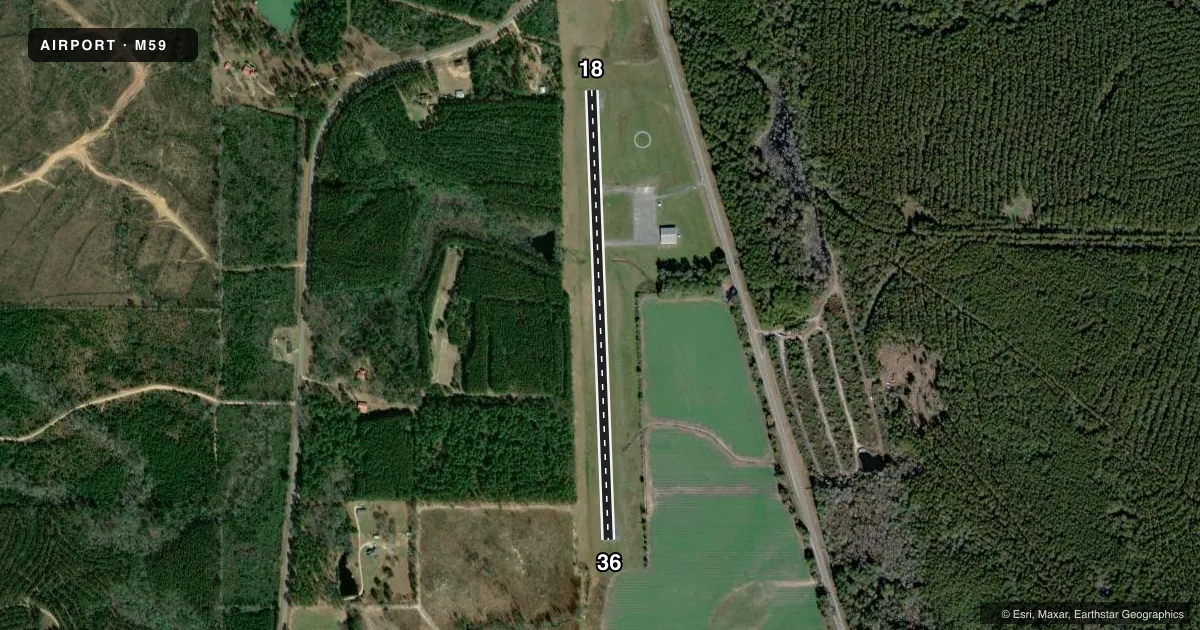 Top-down satellite sketch of M59 RICHTON-PERRY COUNTY in RICHTON, MISSISSIPPI, showing runways 18/36 drawn to scale over Esri World Imagery