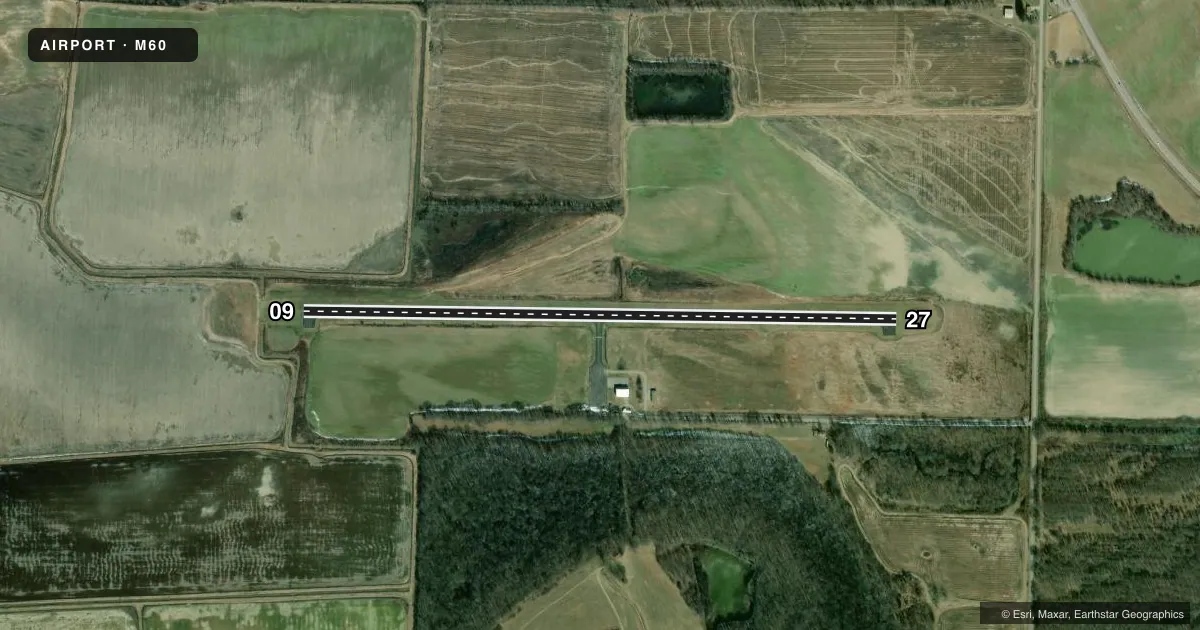 Top-down satellite sketch of M60 WOODRUFF COUNTY in AUGUSTA, ARKANSAS, showing runways 09/27 drawn to scale over Esri World Imagery