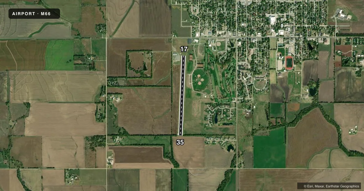 Top-down satellite sketch of M66 ALFRED SCHROEDER FLD in HILLSBORO, KANSAS, showing runways 17/35 drawn to scale over Esri World Imagery