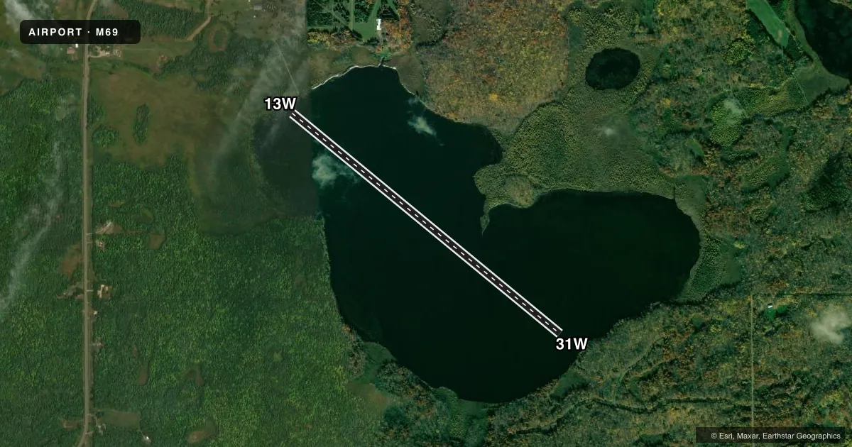 Top-down satellite sketch of M69 BIRCH LAKE in DEERWOOD, MINNESOTA, showing runways 13W/31W drawn to scale over Esri World Imagery