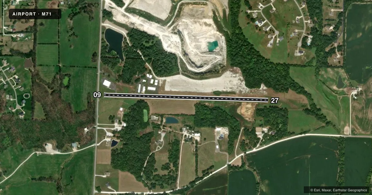 Top-down satellite sketch of M71 GREENSFIELD in MOSCOW MILLS, MISSOURI, showing runways 09/27 drawn to scale over Esri World Imagery
