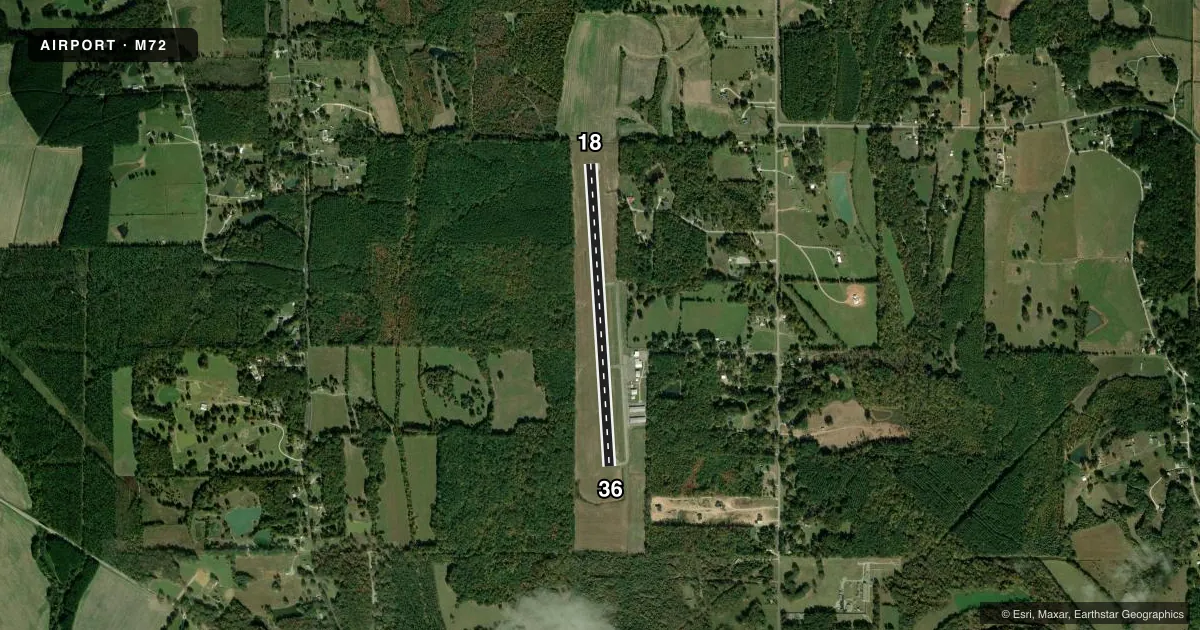 Top-down satellite sketch of M72 NEW ALBANY/UNION COUNTY in NEW ALBANY, MISSISSIPPI, showing runways 18/36 drawn to scale over Esri World Imagery