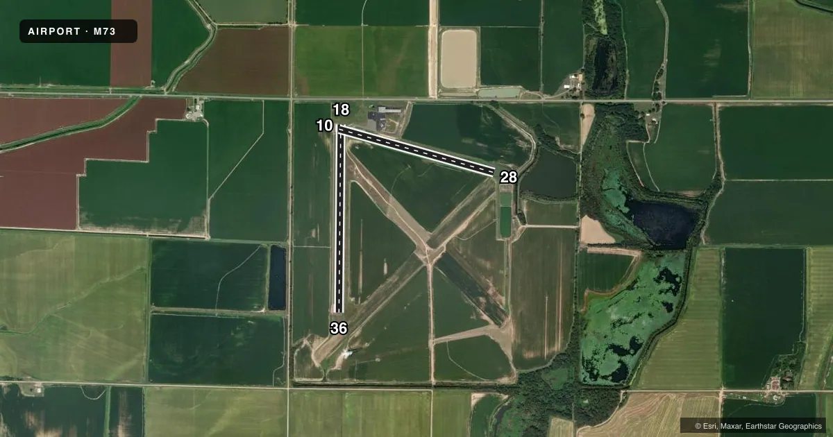Top-down satellite sketch of M73 ALMYRA MUNI in ALMYRA, ARKANSAS, showing runways 18/36, 10/28 drawn to scale over Esri World Imagery